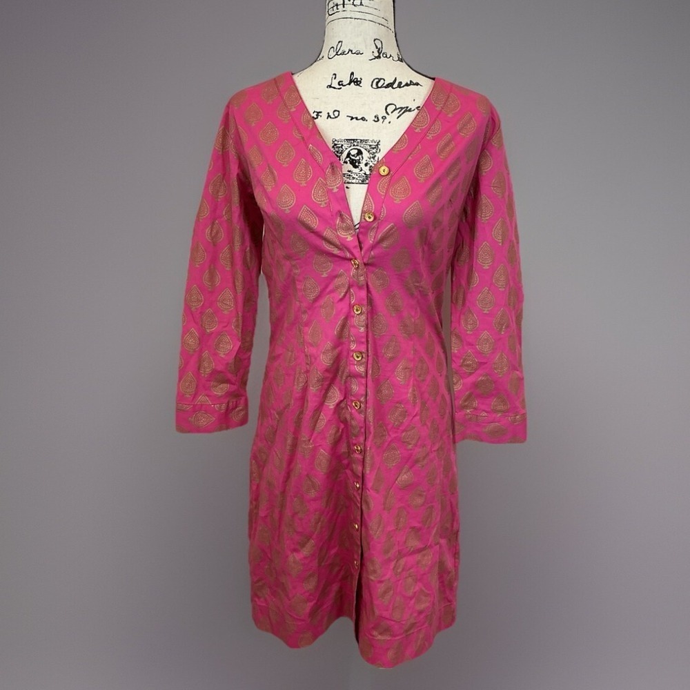 Almatrichi Dress Shirt Pink Gold Paisley Print 3/4 Sleeve Button Down sz‎ M